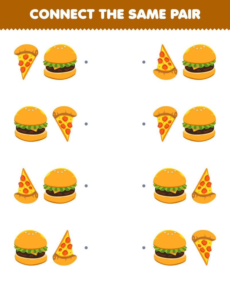 juego educativo para niños conecta la misma imagen de dibujos animados lindos pizza y hamburguesa par imprimible hoja de trabajo de alimentos vector