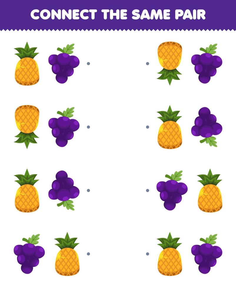 juego educativo para niños conecta la misma imagen de dibujos animados lindo piña y par de uva hoja de trabajo de fruta imprimible vector