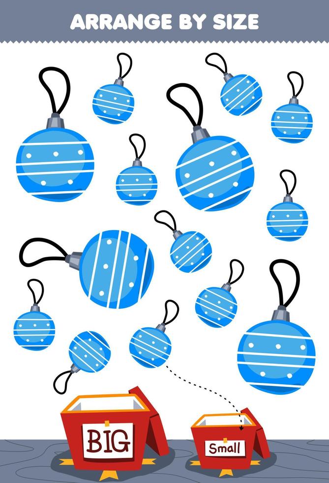 Education game for children arrange by size big or small put it in the gift box of cute cartoon blue ball ornament printable winter worksheet vector