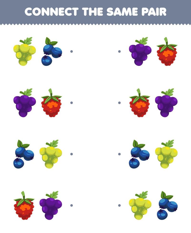 juego educativo para niños conecta la misma imagen de dibujos animados lindo uva arándano y par de frambuesa hoja de trabajo de fruta imprimible vector