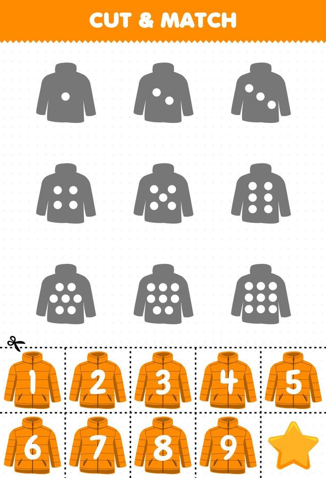 Educational game for kids count the dots on each silhouette and match them with the correct numbered coat printable winter worksheet vector