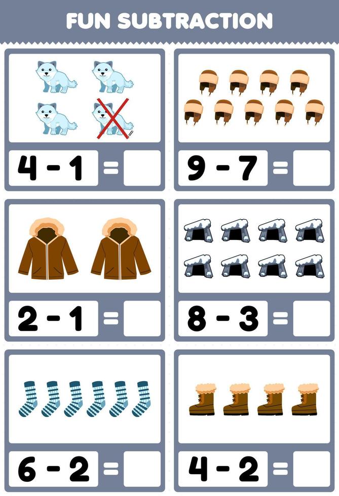 Education game for children fun subtraction by counting and eliminating cute cartoon arctic fox hat jacket den sock boot printable winter worksheet vector