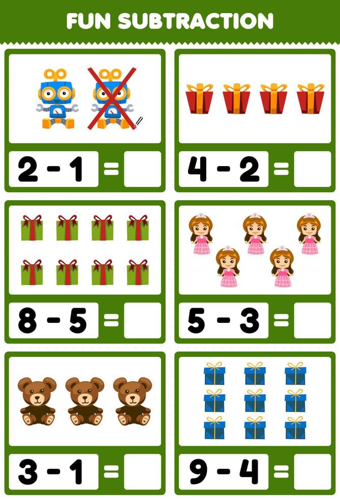 juego educativo para niños diversión resta contando y eliminando lindo robot de dibujos animados muñeca oso de peluche caja de regalo imprimible hoja de trabajo de invierno vector