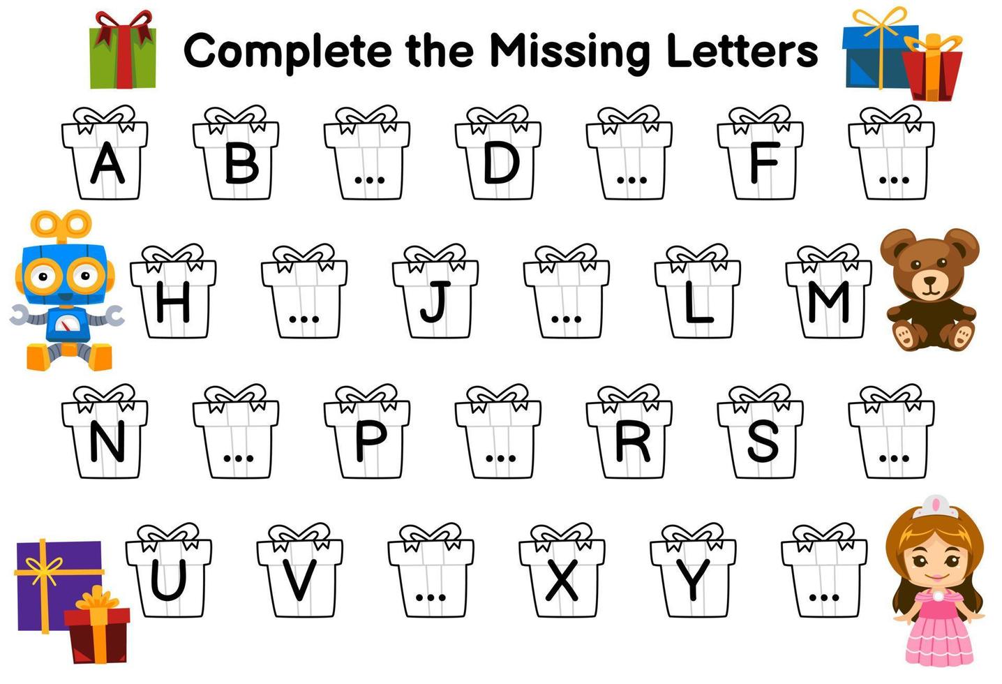 Education game for complete the missing letters with cute cartoon gift box robot doll teddy bear picture printable winter worksheet vector