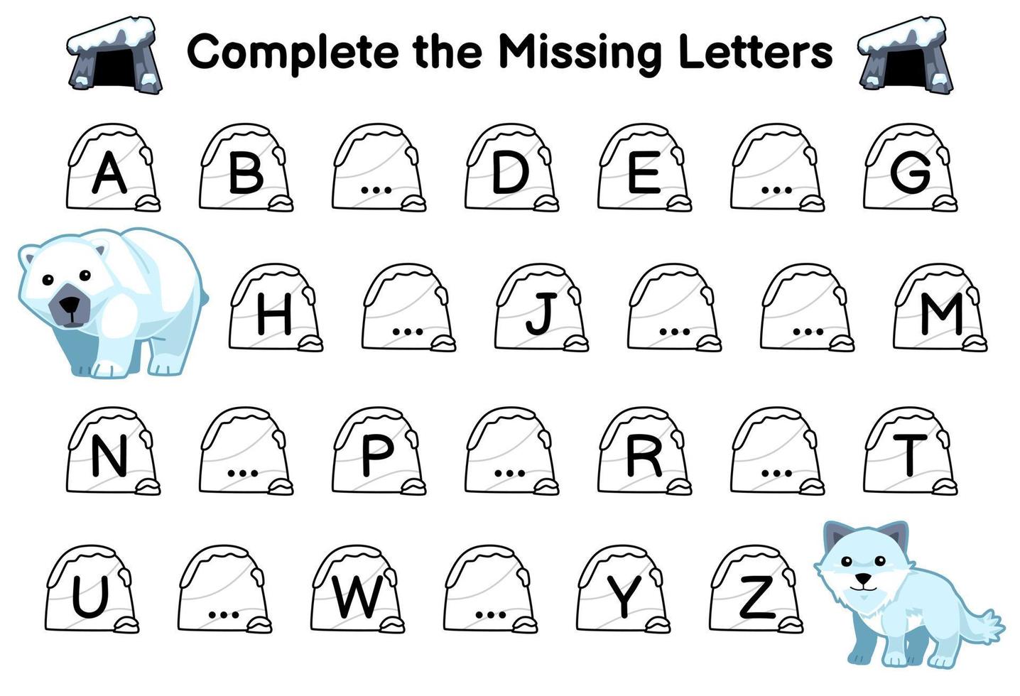 Education game for complete the missing letters with cute cartoon polar bear and arctic fox picture printable winter worksheet vector