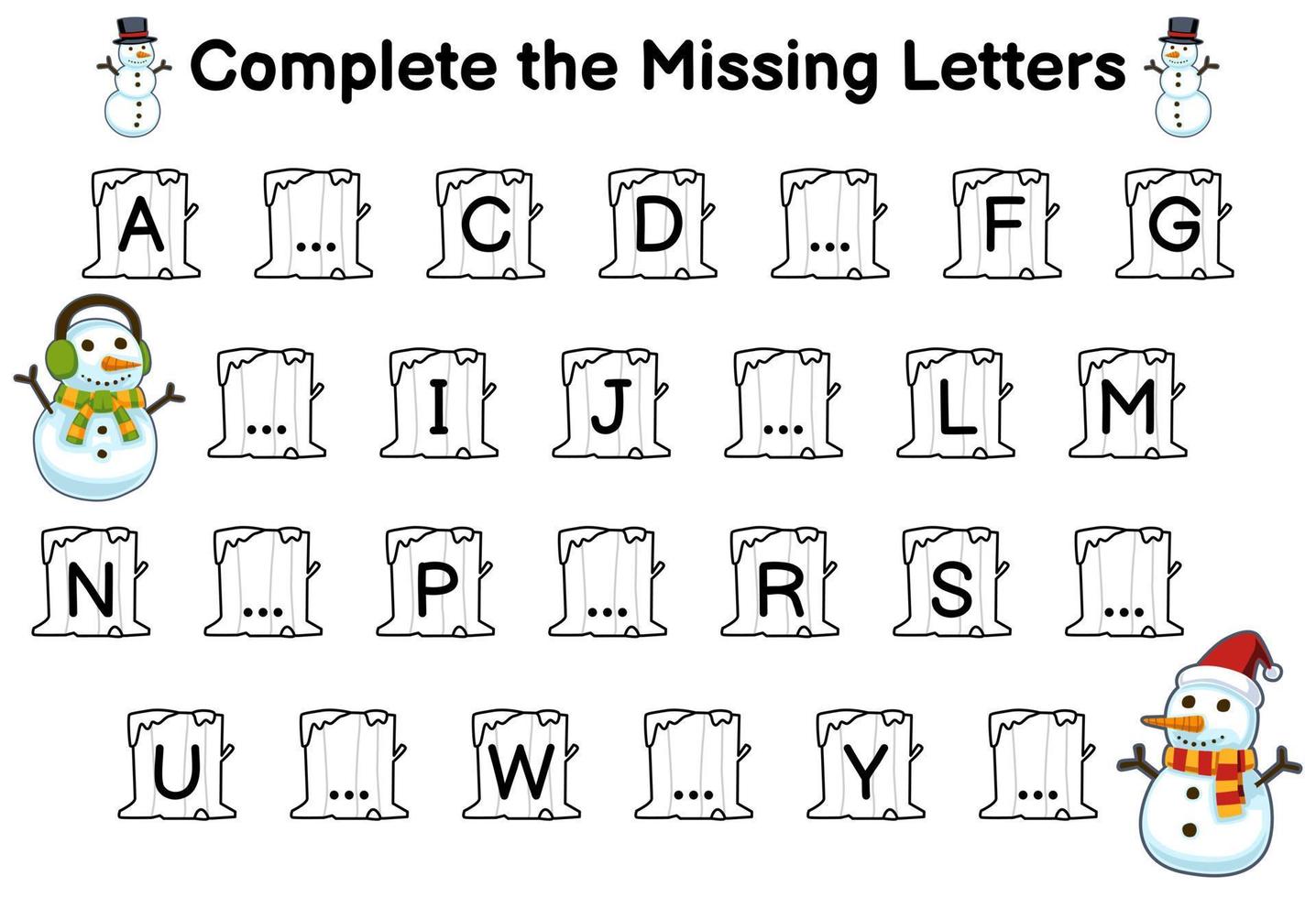 Education game for complete the missing letters with cute cartoon snowman picture printable winter worksheet vector