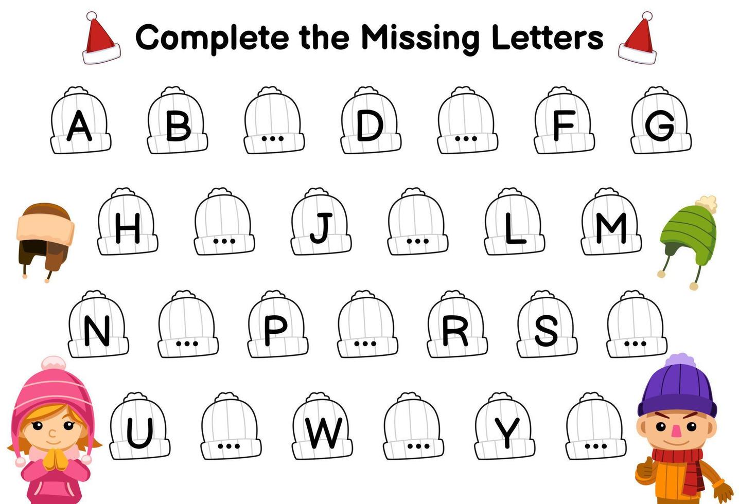 Education game for complete the missing letters with cute cartoon boy and girl wearing hat picture printable winter worksheet vector