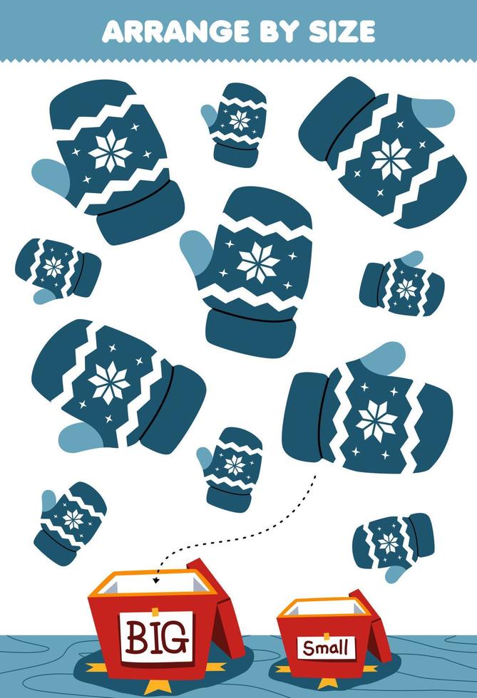 Education game for children arrange by size big or small put it in the gift box of cute cartoon mitten printable winter worksheet vector