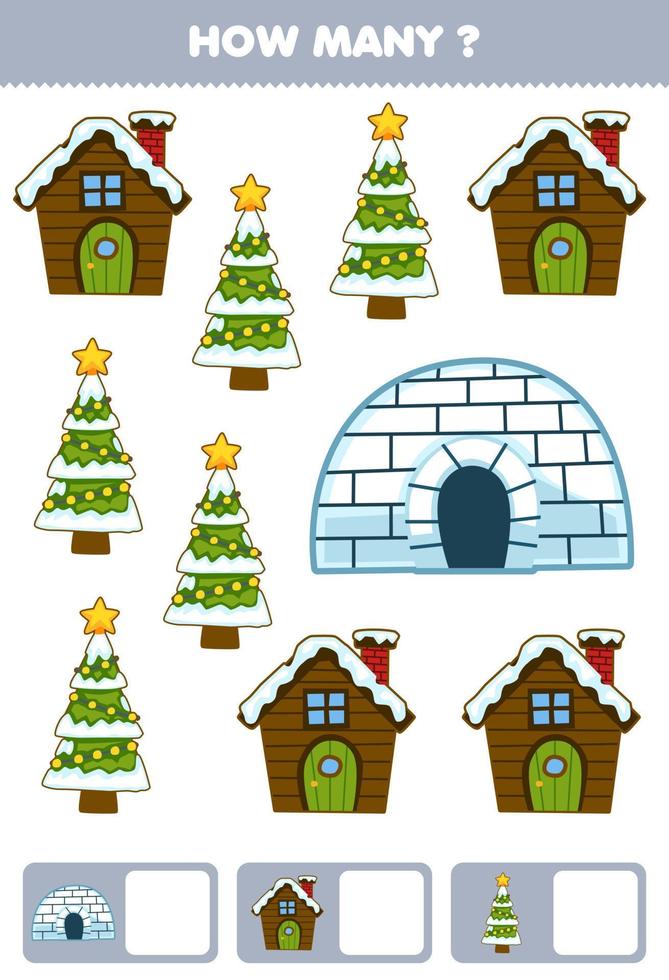 Education game for children searching and counting how many objects of cute cartoon igloo house christmas tree printable winter worksheet vector