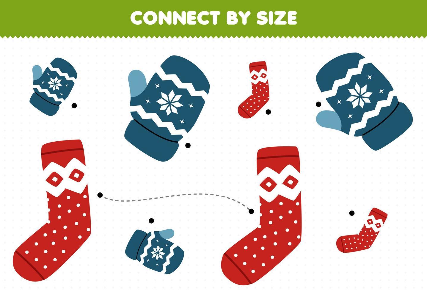 Educational game for kids connect by the size of cute cartoon mitten and sock printable winter worksheet vector