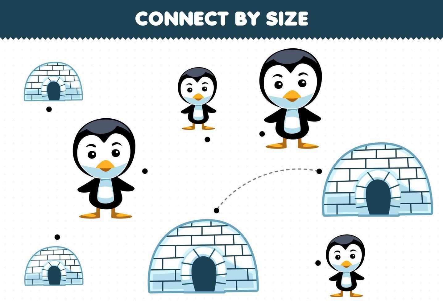 Educational game for kids connect by the size of cute cartoon igloo and penguin printable winter worksheet vector