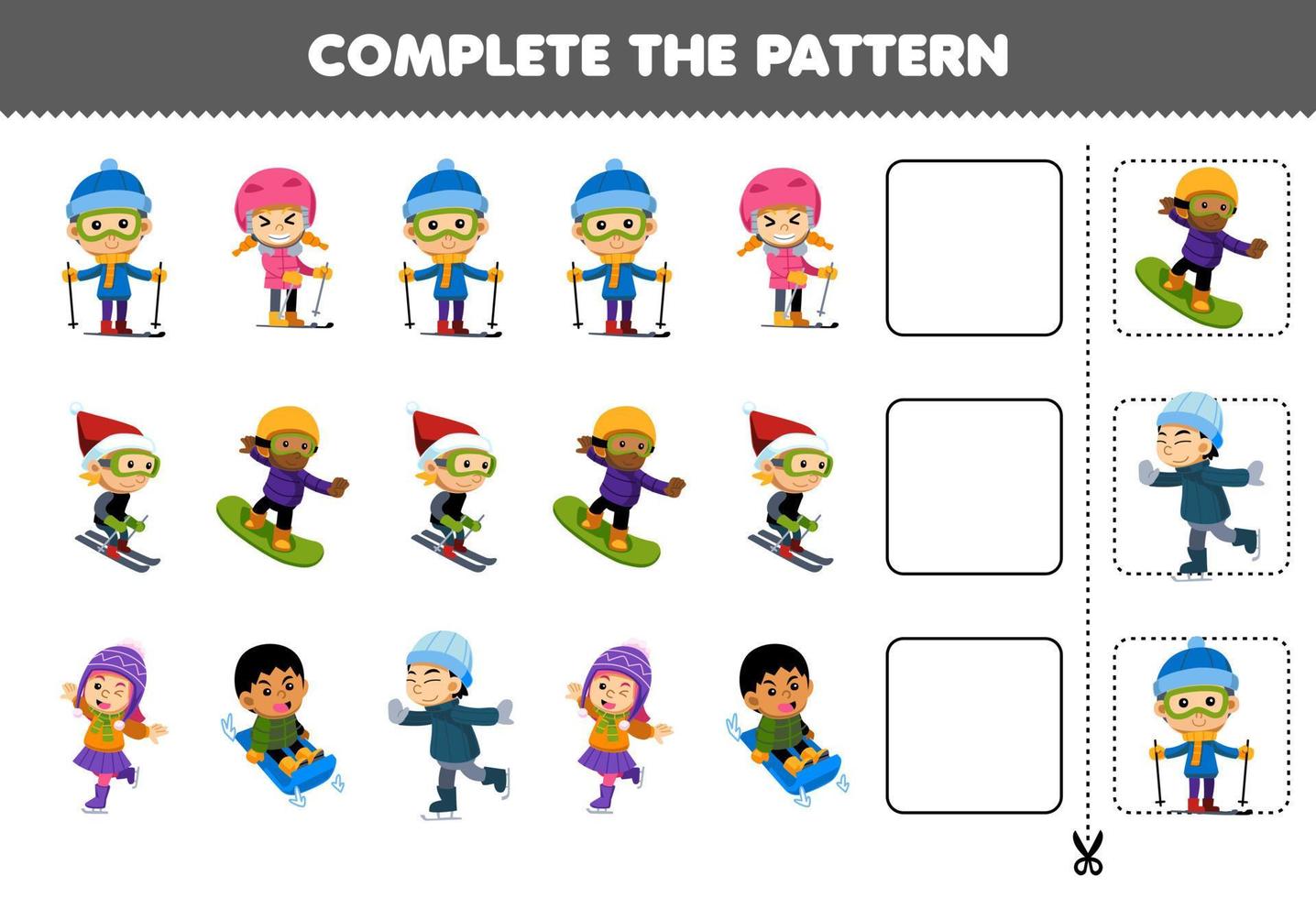 Education game for children cut and complete the pattern of each row from a cute cartoon boy and girl playing ski snowboard sled ice skating worksheet vector