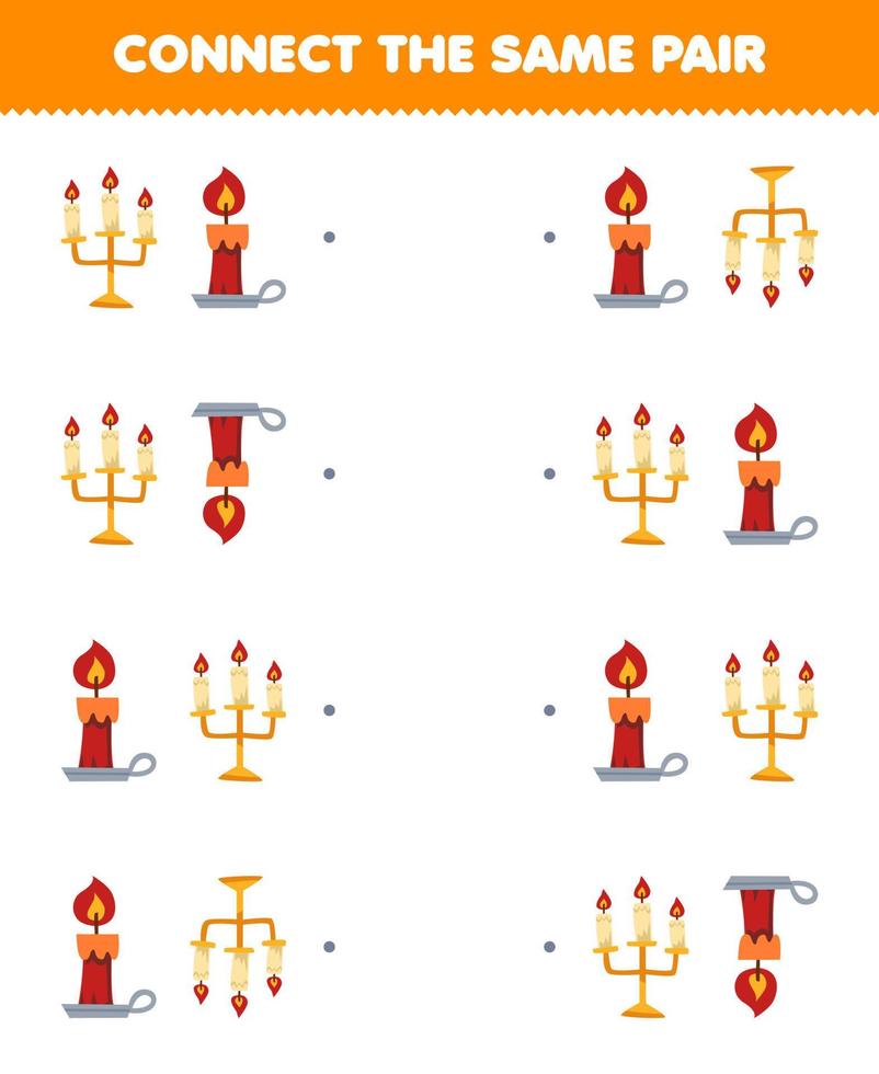 Education game for children connect the same picture of cute cartoon candle pair printable halloween worksheet vector