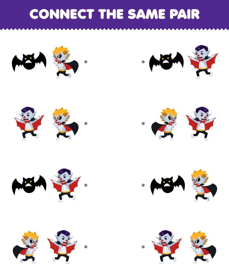 Education game for children connect the same picture of cute cartoon bat and dracula pair printable halloween worksheet vector