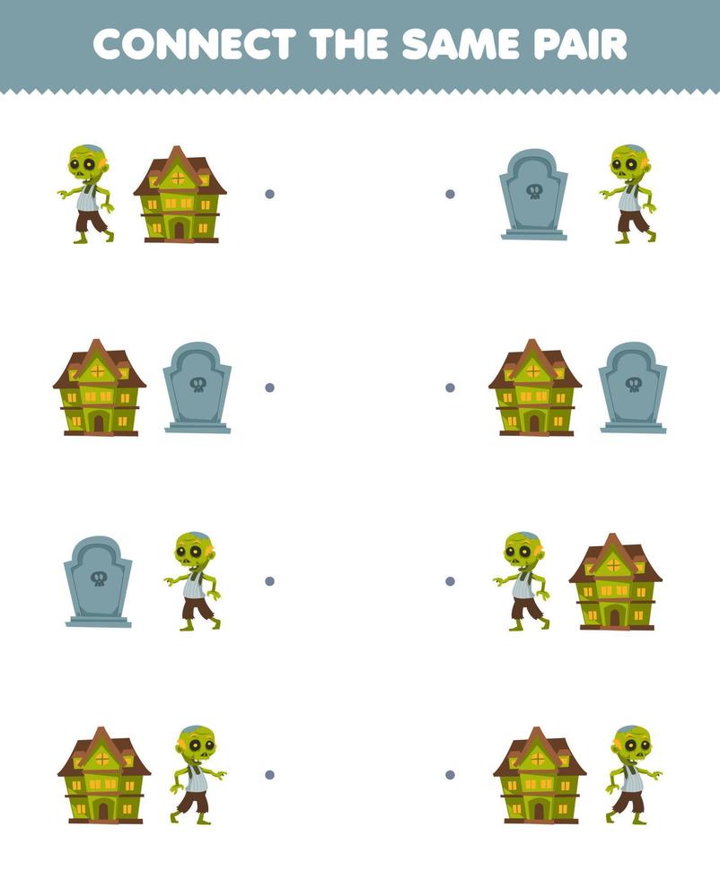 juego educativo para niños conecta la misma imagen de la linda casa espeluznante de zombies de dibujos animados y la hoja de trabajo de halloween imprimible del par de lápidas vector