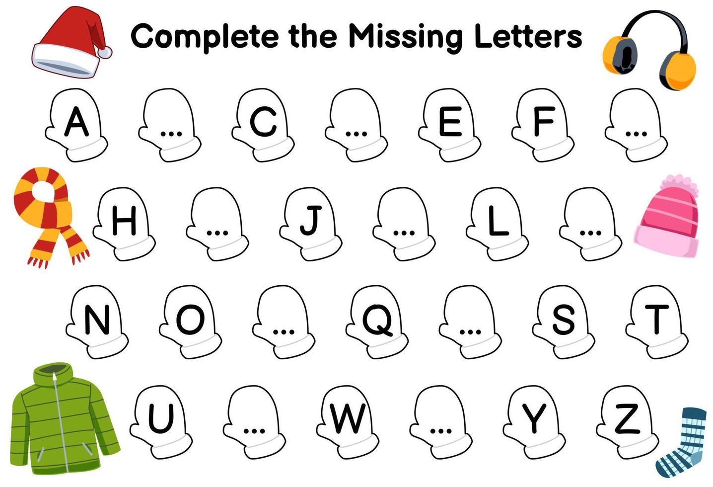 Education game for complete the missing letters with cute cartoon beanie hat earmuff scarf coat sock picture printable winter worksheet vector