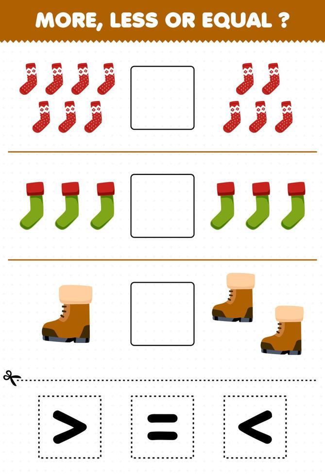 Education game for children count more less or equal of cartoon sock and boot then cut and glue the correct sign winter worksheet vector