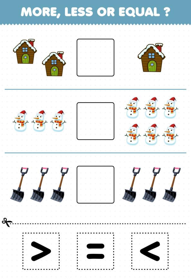 Education game for children count more less or equal of cartoon house snowman and shovel then cut and glue the correct sign winter worksheet vector