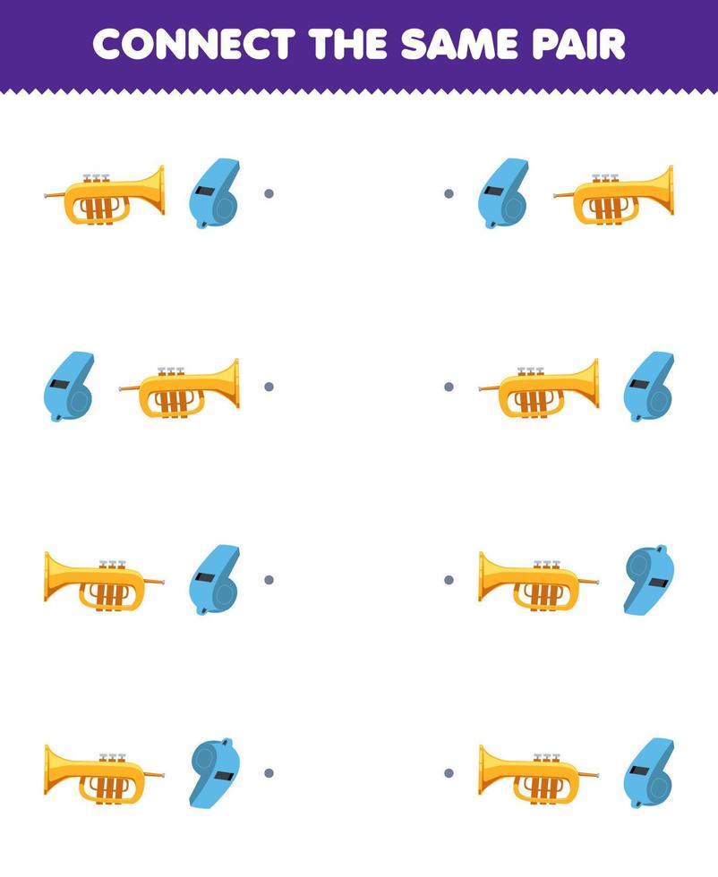 Education game for children connect the same picture of cute cartoon trumpet and whistle pair printable music instrument worksheet vector