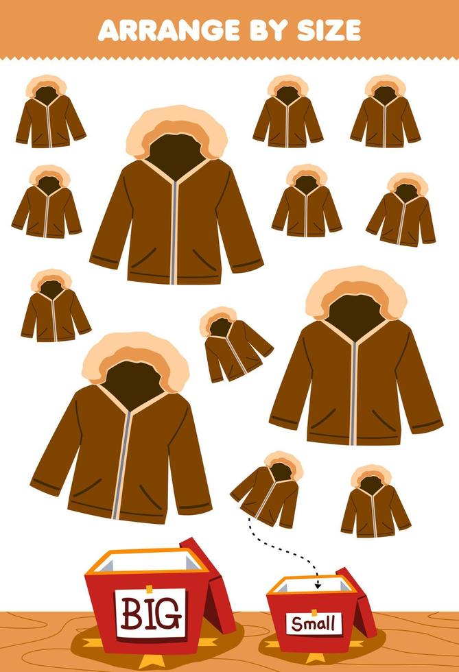 Education game for children arrange by size big or small put it in the gift box of cute cartoon jacket printable winter worksheet vector