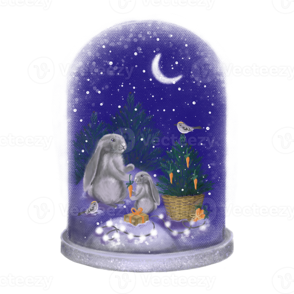 Happy New Year and Merry Christmas snow ball illustration on transparent background. Winter glass snow globe. Festive Xmas object. Good for holiday poster, greeting card, flyer, social net post, story png