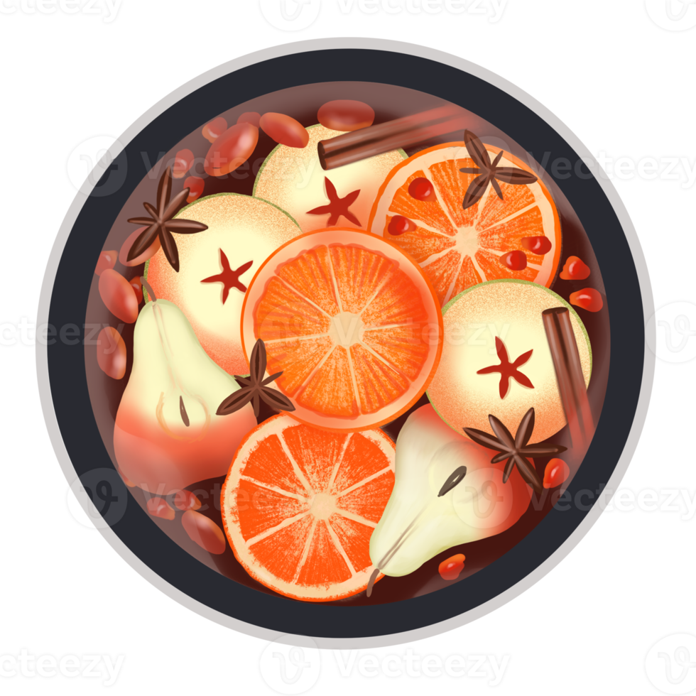 Mulled wine in a pot with oranges, pears, apples, cinnamon sticks, anise. Top view, flat lay. Can be used for cafe, restaurant, social net post, story, reel. png