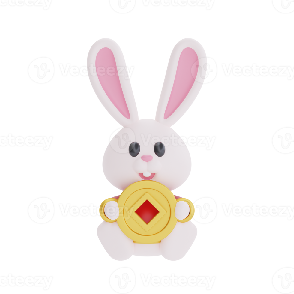 3D cute rabbit holding wealth gold money isolated,  element for Chinese new year, Chinese Festivals, Lunar, CYN 2023, Year of the Rabbit, 3d rendering. png