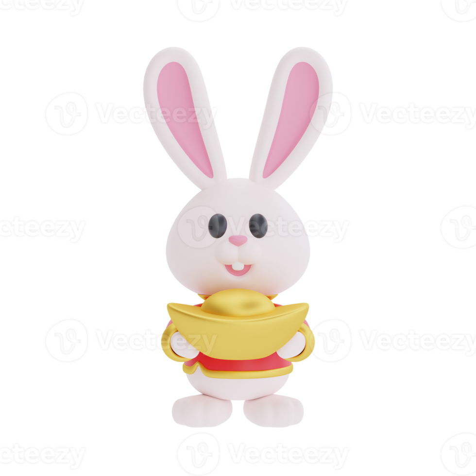 3D cute rabbit holding wealth gold money isolated,  element for Chinese new year, Chinese Festivals, Lunar, CYN 2023, Year of the Rabbit, 3d rendering. png