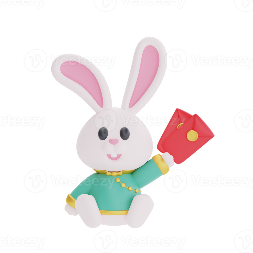 3D cute rabbit holding fan and red envelope isolated, element for Chinese new year, Chinese Festivals, Lunar, CYN 2023, Year of the Rabbit, 3d rendering. png
