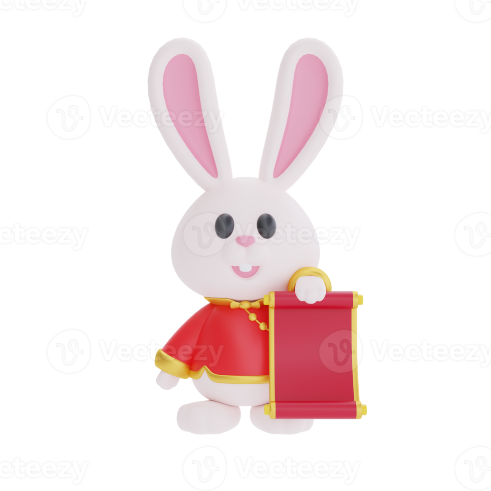 3D cute rabbit holding red ancient scroll isolated, element for Chinese new year, Chinese Festivals, Lunar, CYN 2023, Year of the Rabbit, 3d rendering. png