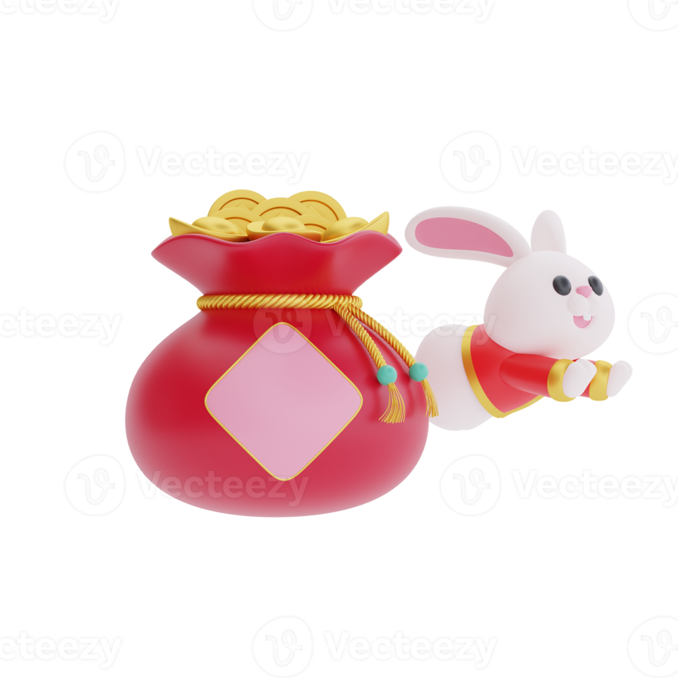 3D cute rabbit with red bag full of money isolated, element for Chinese new year, Chinese Festivals, Lunar, CYN 2023, Year of the Rabbit, 3d rendering. png