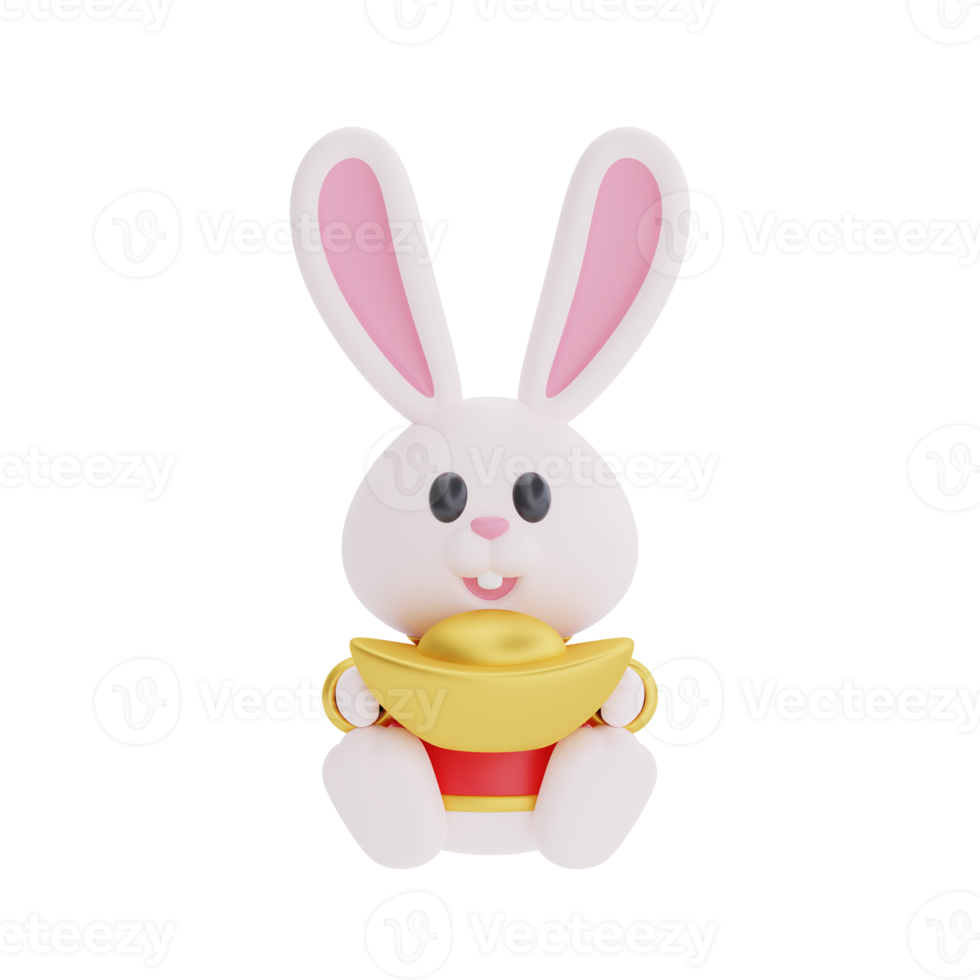 3D cute rabbit holding wealth gold money isolated,  element for Chinese new year, Chinese Festivals, Lunar, CYN 2023, Year of the Rabbit, 3d rendering. png