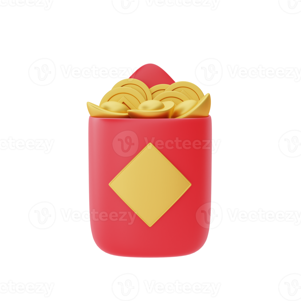 3D red envelope full of gold and money isolated, decoration for Chinese new year, Chinese Festivals, Lunar, CYN element, 3d rendering. png