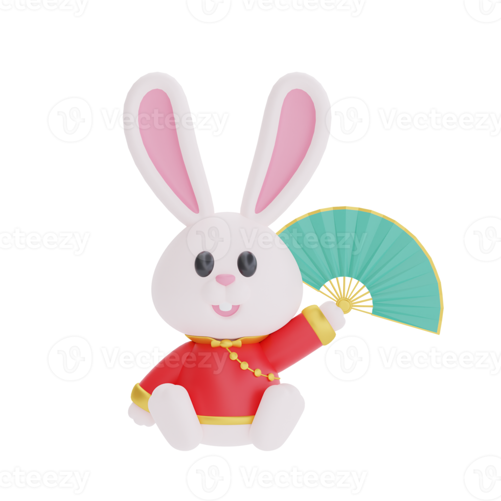 3D cute rabbit holding fan isolated, element for Chinese new year, Chinese Festivals, Lunar, CYN 2023, Year of the Rabbit, 3d rendering. png