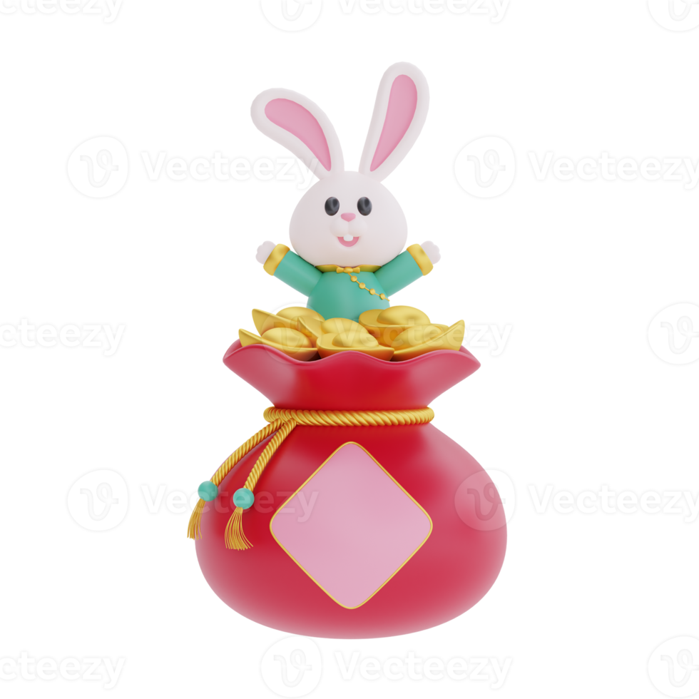 3D cute rabbit with red bag full of money isolated, element for Chinese new year, Chinese Festivals, Lunar, CYN 2023, Year of the Rabbit, 3d rendering. png