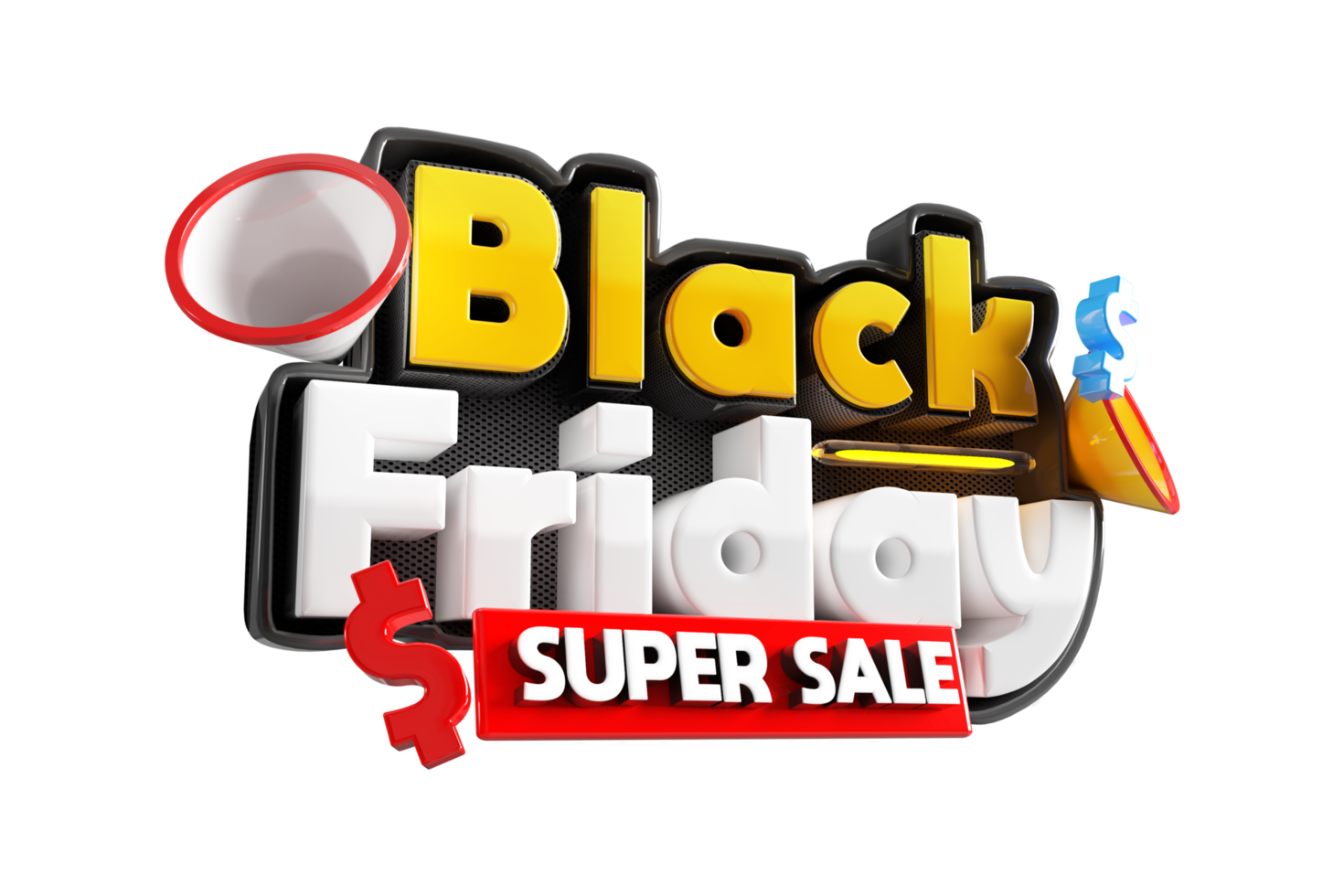 3D Render Black Friday Super Sale Label Right Side View PNG
