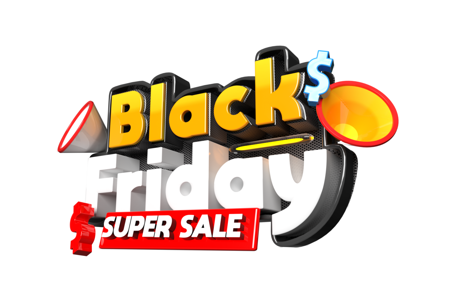 3D Render Black Friday Super Sale Label Left Side View PNG