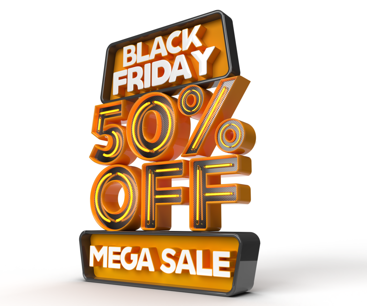 Black Friday sale 3d realistic render isolated with 50 percent off mega sale left side view PNG