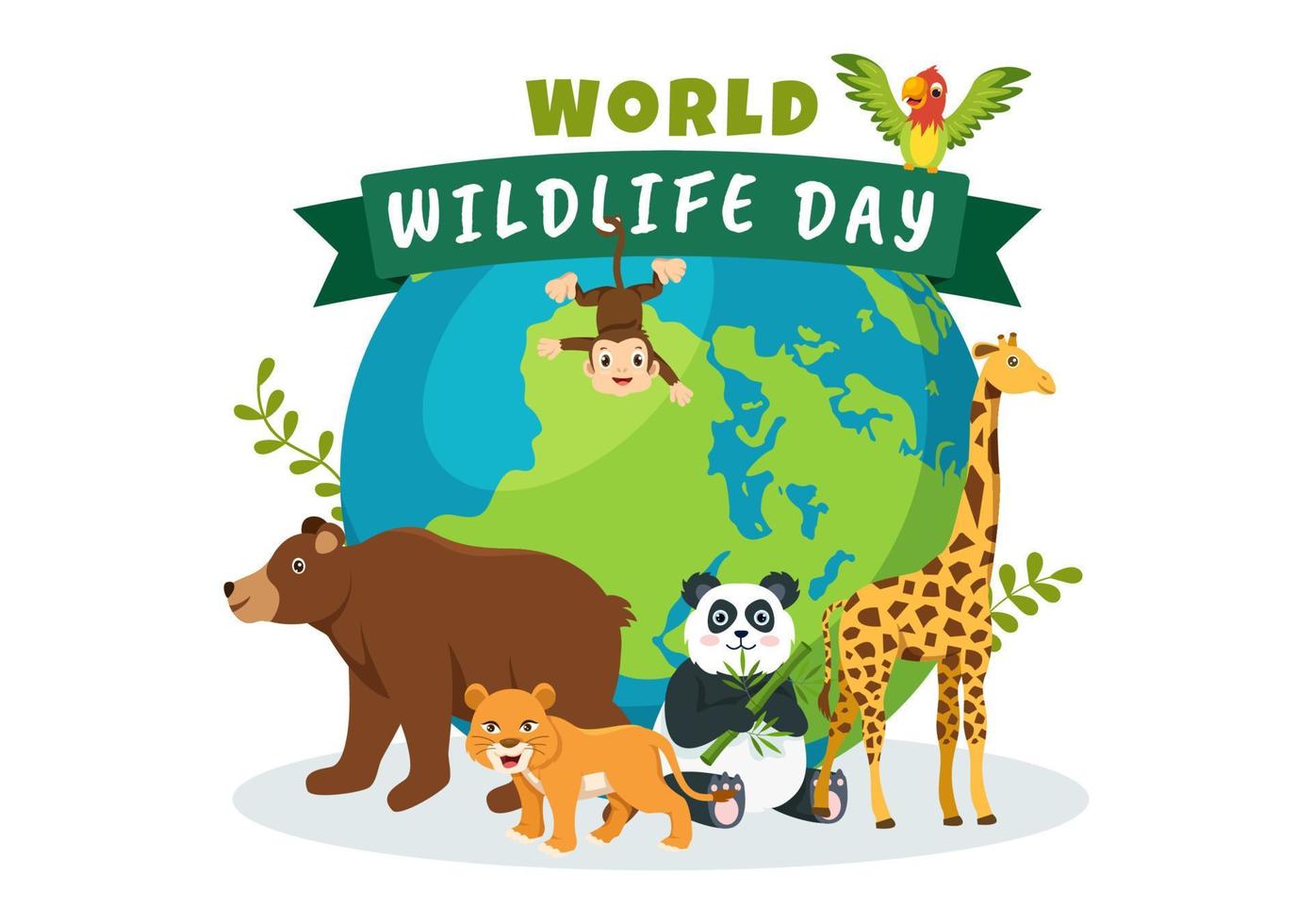 día mundial de la vida silvestre el 3 de marzo para crear conciencia sobre los animales, plantar y preservar su hábitat en el bosque en dibujos animados planos dibujados a mano ilustración de plantilla vector