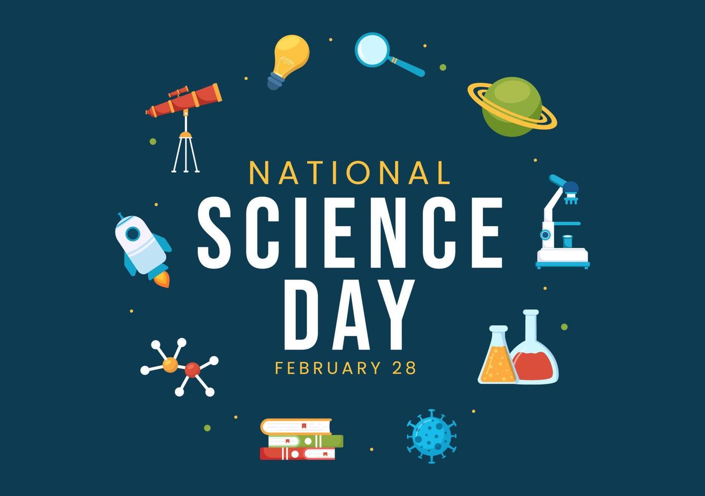 día nacional de la ciencia 28 de febrero relacionado con líquido químico, científico, médico e investigación en dibujos animados planos dibujados a mano ilustración de plantillas vector