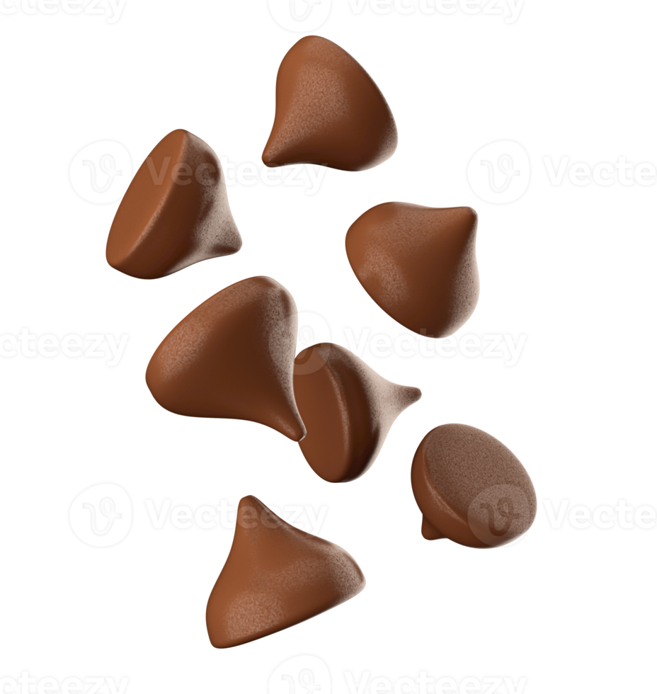 Scattering of tasty chocolate chips Chocolate morsels choco chips 3d illustration 3d rendering png