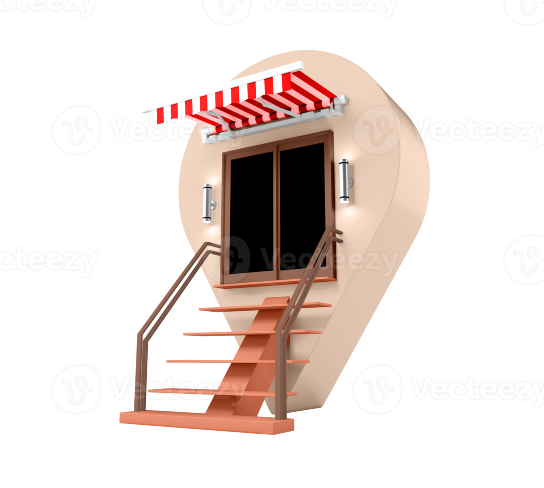 Ice cream Shop building with red awning and outdoor pin location map A shop png