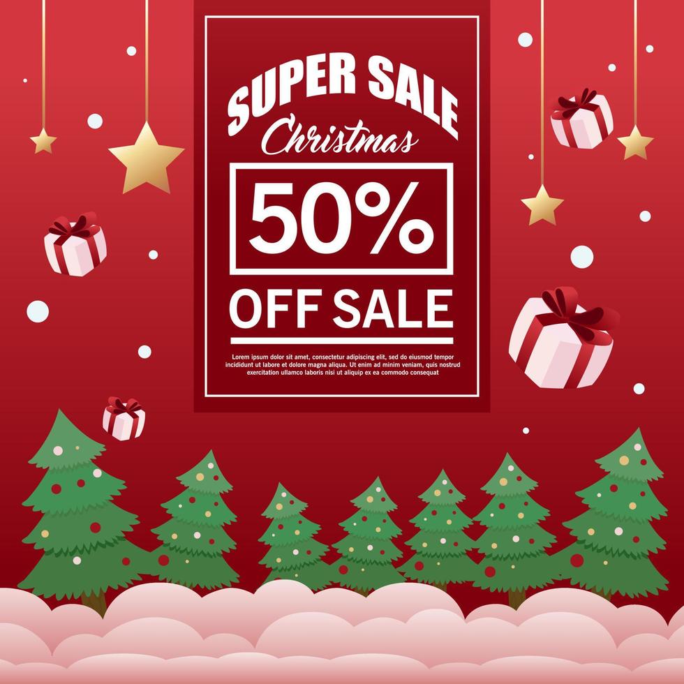 Banner Super Sale for Christmas Event with Pine Tree Cloud and Gift Box Illustration vector