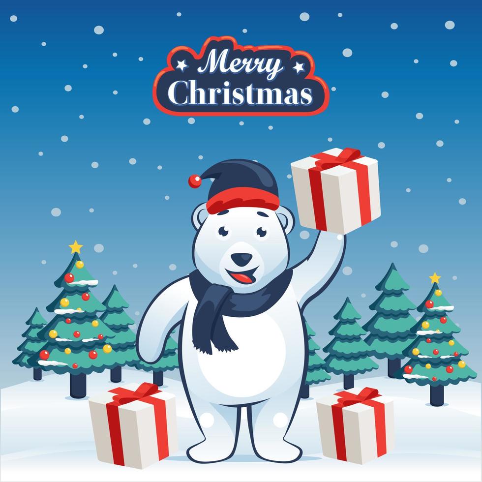 oso polar sosteniendo caja premio ilustración de dibujos animados de navidad con fondo vector