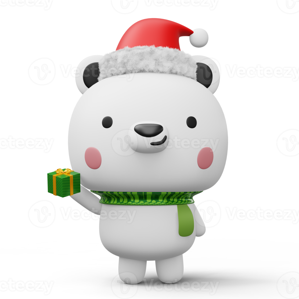 Cute Polar bear with christmas hat, happy christmas, 3d rendering png