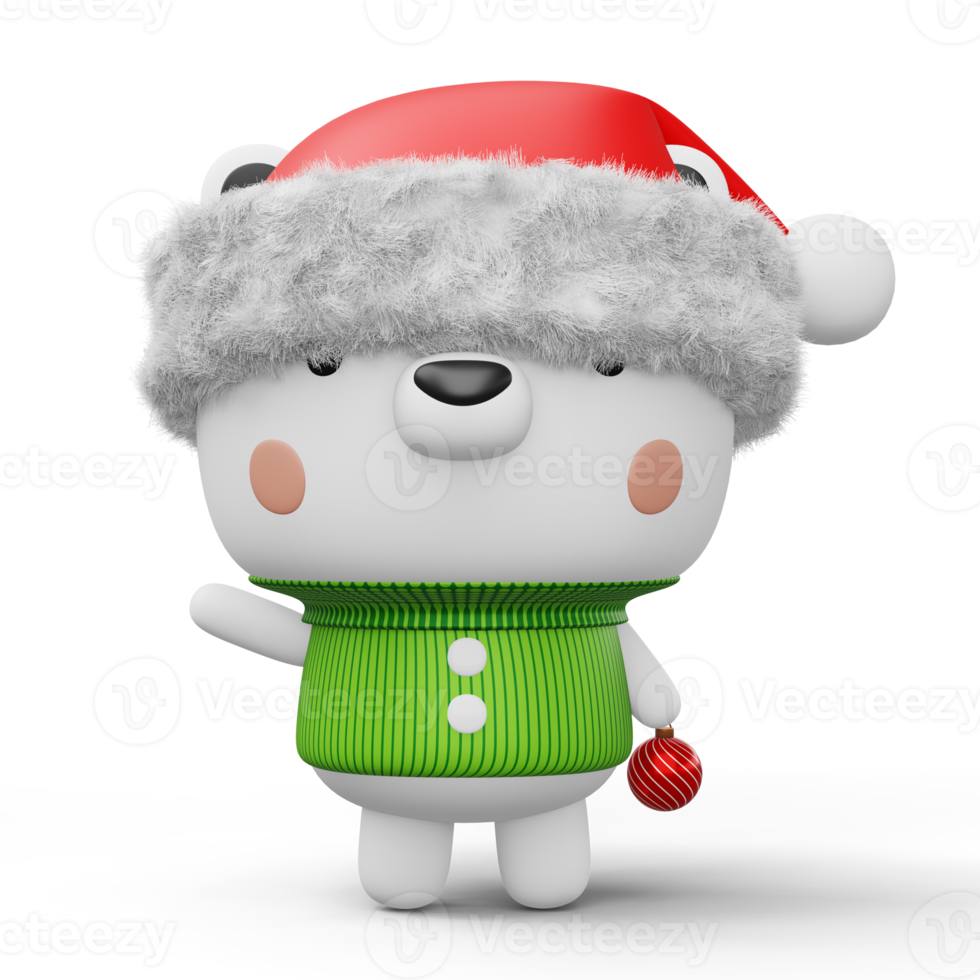 Cute Polar bear with christmas hat, happy christmas, 3d rendering png