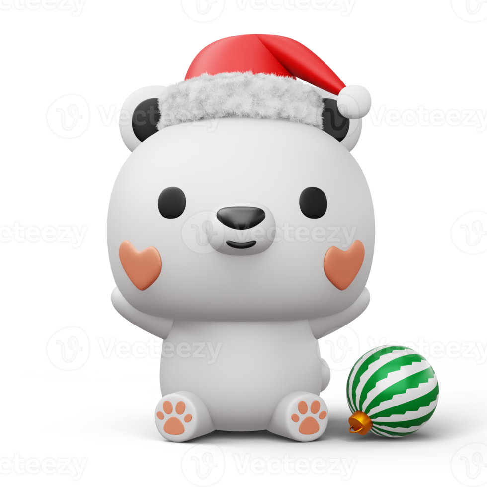 Cute Polar bear with christmas hat, happy christmas, 3d rendering png