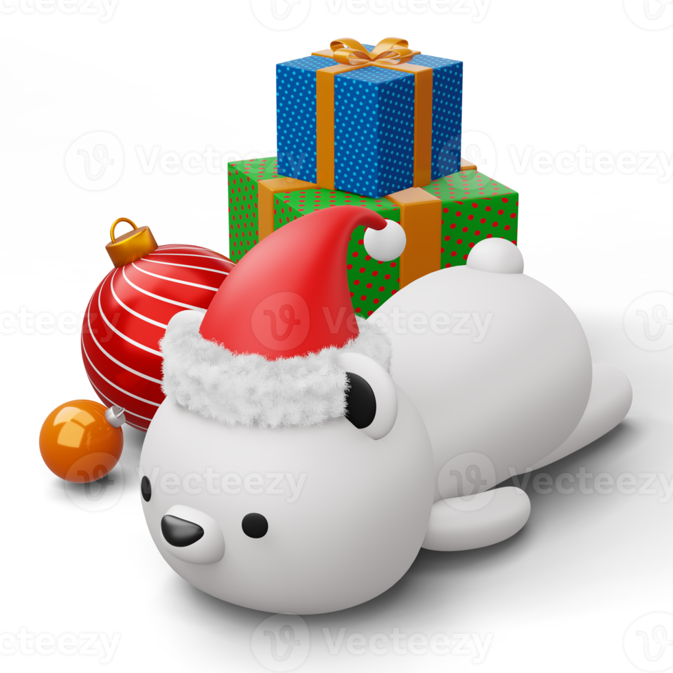 Cute Polar bear with christmas hat, happy christmas, 3d rendering png