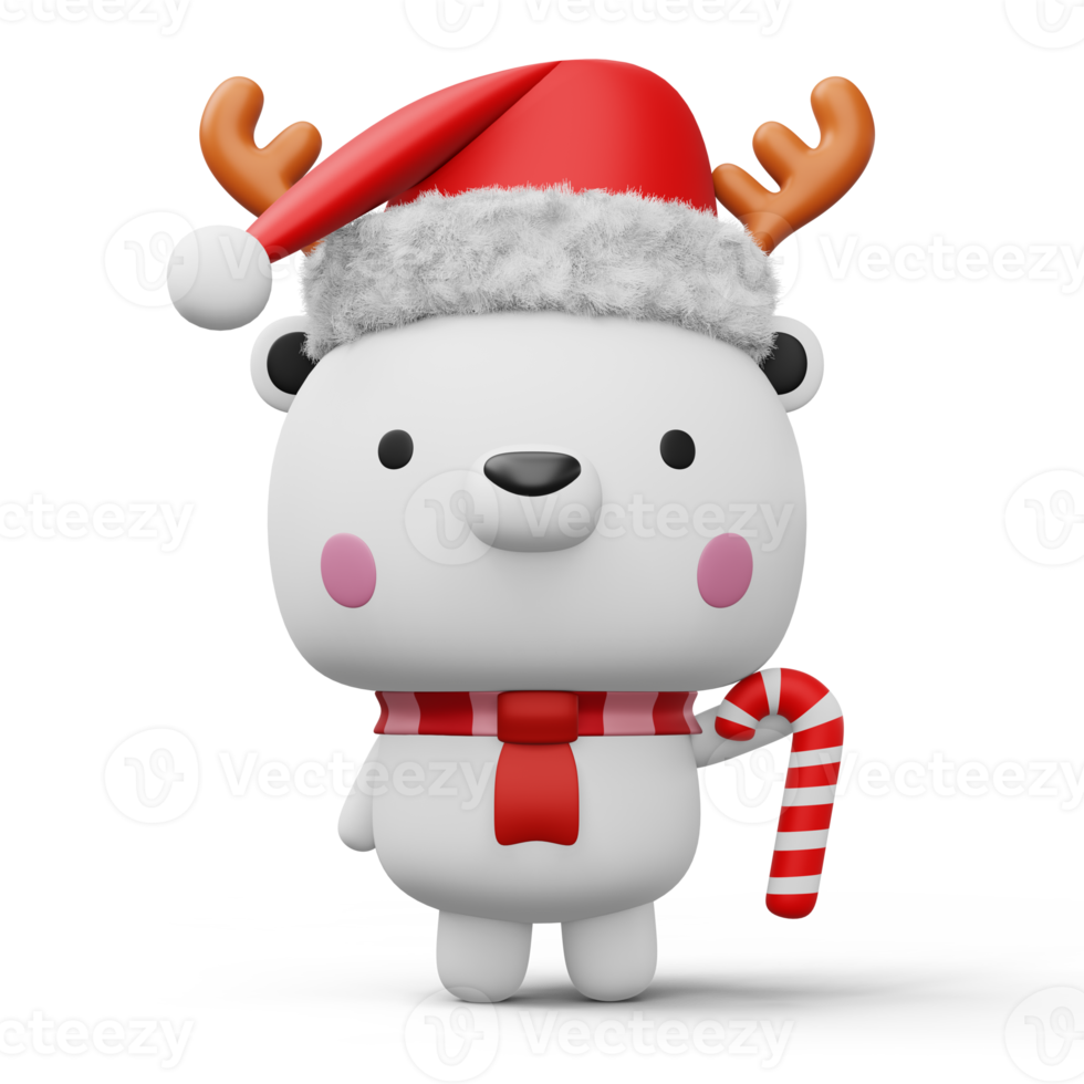 Cute Polar bear with christmas hat, happy christmas, 3d rendering png