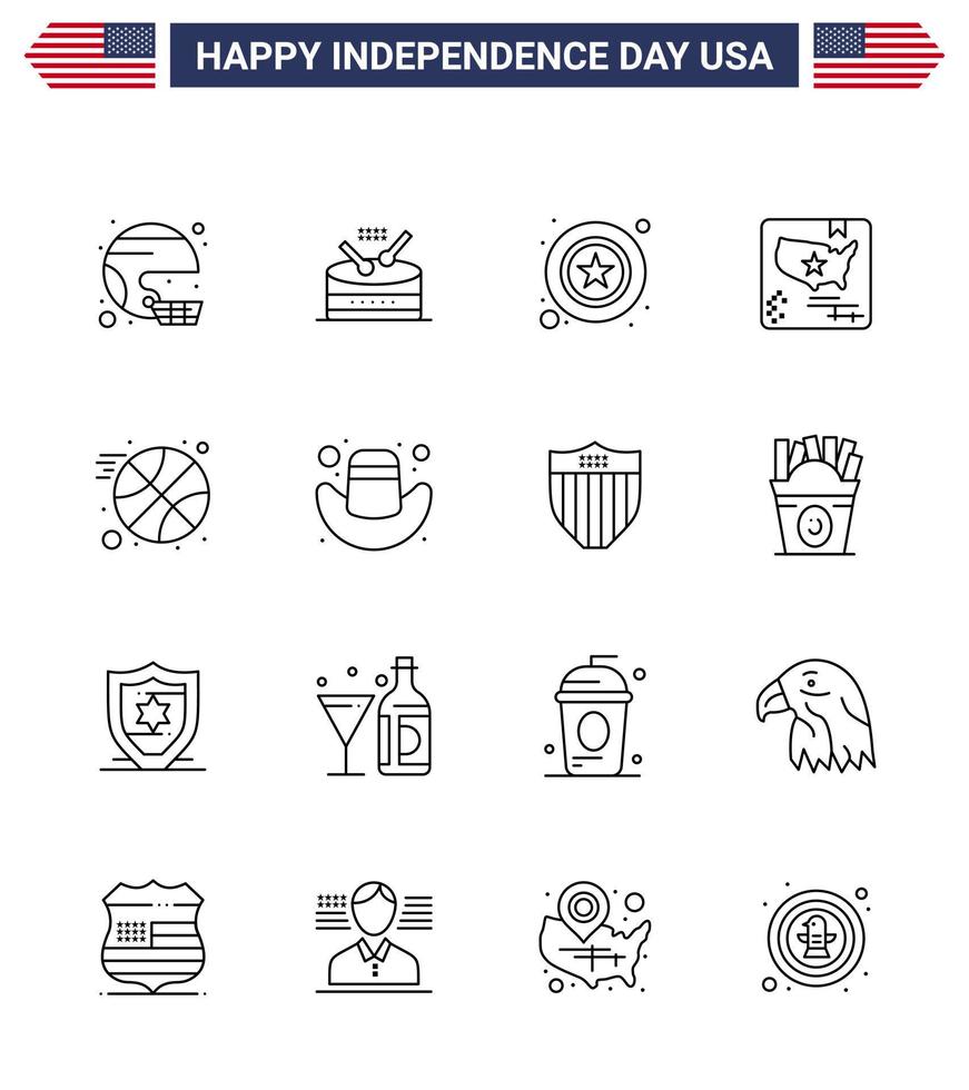 USA Happy Independence DayPictogram Set of 16 Simple Lines of world flag music american star Editable USA Day Vector Design Elements
